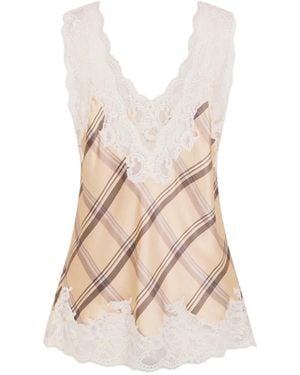 Rabanne Tartan Print Silk Tank Top With Lace Detailing - White