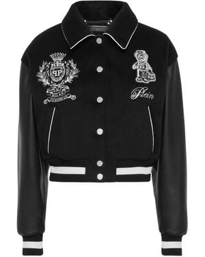 Philipp Plein Leather-Sleeve Logo-Embroidered Bomber Jacket - Black