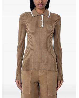Moncler Ribbed Button Polo Top - Natural