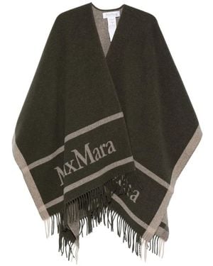 Max Mara Poncho Con Flecos Y Logo Estampado - Marrón