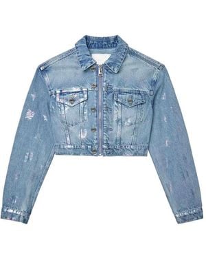 Purple Brand Monogram-Print Cropped Denim Jacket - Blue