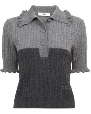 Chloé Ruffled Cable-Knit Polo Top - Grey
