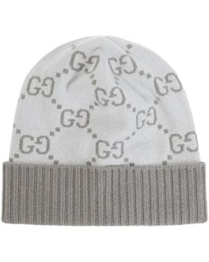 Gucci Gg-Jacquard Ribbed-Knit Beanie Hat - Grey