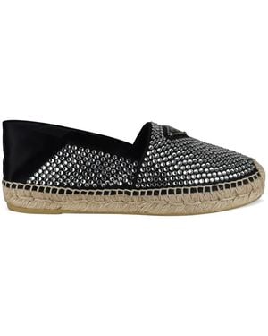 Prada Crystal-Embellished Metal-Logo Espadrilles - Black