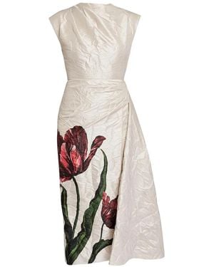 Erdem Draped Floral-Print Crinkle-Crepe Midi Dress - White