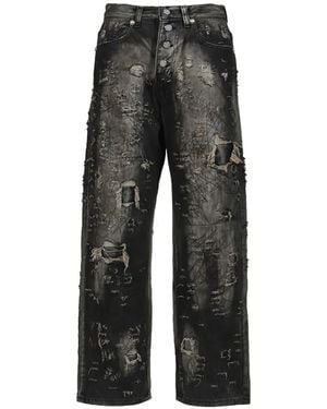 THUG CLUB Hard-Washed Damaged Denim Jeans - Gray