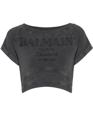 Balmain T-Shirt Crop Con Ricamo Couture - Grigio