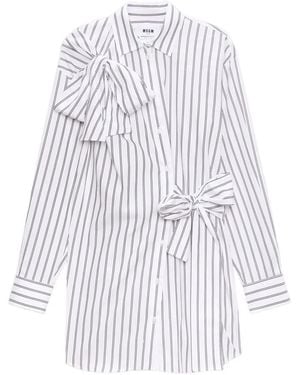 MSGM Bow-Detailed Striped Shirt Dress - White