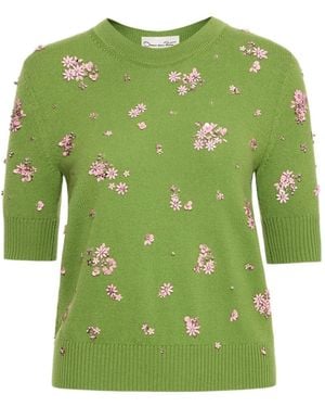 Oscar de la Renta Crystal-Cluster Embroidered Pullover - Green