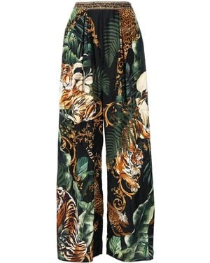 CAMILLA Mix-Print Wide-Leg Silk Pants - Green