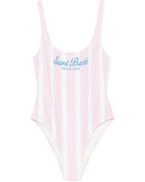 MC2 Saint Barth Striped Logo-Print Swimsuit - Pink