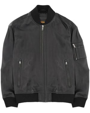 BOSS Veste Bomber En Cuir À Fermeture Zippée - Black