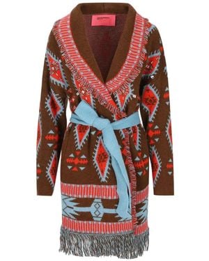 COLOUR MARKET® Geometric-Jacquard Fringed Cardigan - Red