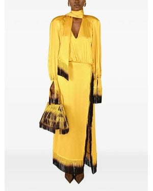 ROWEN ROSE Fringe-Trim Raglan Maxi Dress - Yellow
