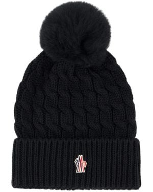 Moncler Cable-Knit Pom-Pom Beanie Hat - Blue