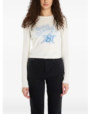 Guess Graphic-Print Lace-Trim T-Shirt - White
