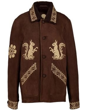 BAZISZT Embroidered Shearling-Collar Jacket - Brown