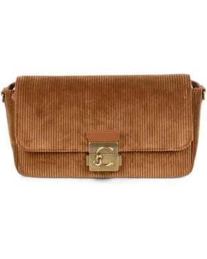Coccinelle Medium C-Me Lock Corduroy Logo-Plaque Shoulder Bag - Brown