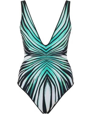 Roberto Cavalli Plunge Neck Ray Of Sea Print Swimsuit - Green