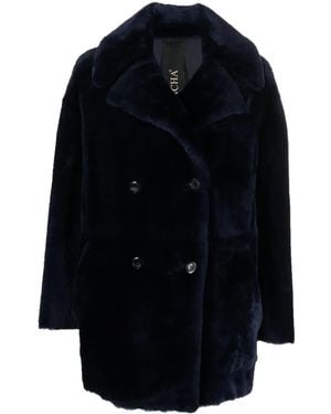 Blancha Double-Breasted Shearling Jacket - Blue