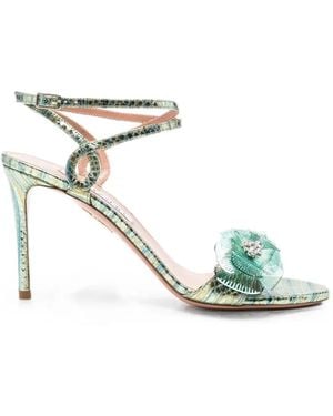 Aquazzura Floral-Appliqué Snakeskin-Effect Sandals - Metallic