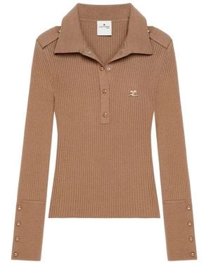 Courreges Rib-Knit Long-Sleeve Polo Shirt - Brown