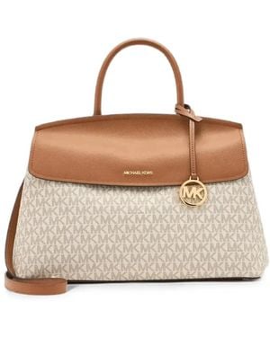 Michael Kors Logo-Print Leather-Trim Satchel Bag - Natural