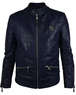 Philipp Plein Croc-Embossed Biker Jacket - Blue