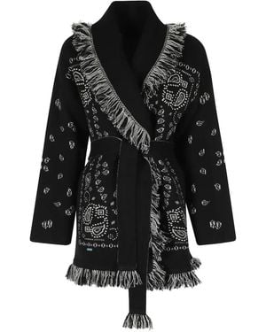 Alanui Bandana Jacquard-Knit Fringed Cardigan - Black