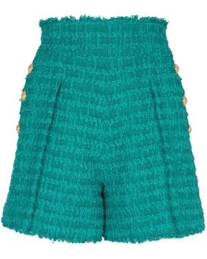Balmain Shorts de tweed acampanados con botones de metal estampados - Verde