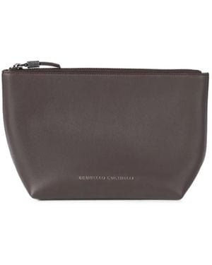 Brunello Cucinelli Grained Calfskin Pouch With Monili - Grey