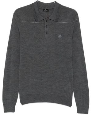 Etro Pegasus-Embroidered Long-Sleeve Polo Shirt - Grey