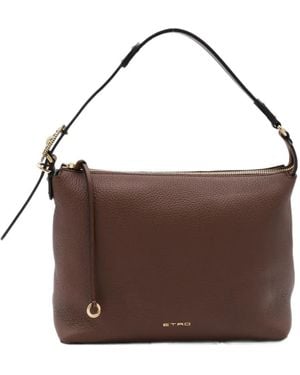 Etro Embossed-Logo Pebbled Leather Shoulder Bag - Brown