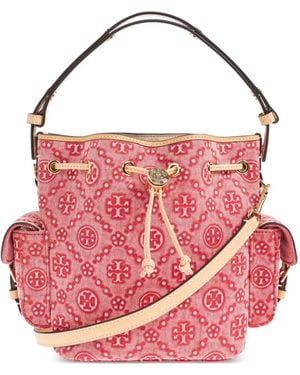 Tory Burch T Monogram Denim Bucket Bag With Pockets - Pink