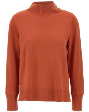 Elena Miro Button-Detail Ribbed-Trim Fine-Knit Top - Orange