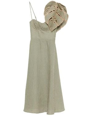 FARM Rio Striped Monstera Leaf Sleeveless Midi Dress - Green