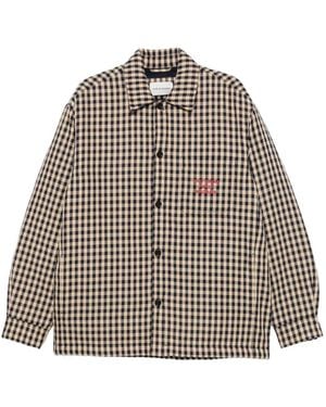 Drole de Monsieur Gingham-Check Slogan-Print Cotton Overshirt - Grey