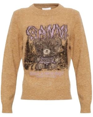 Ganni Graphic-Print Intarsia-Knit Sweater - White