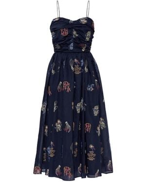 Munthe Nova Embroidered Ruched-Bodice Midi Dress - Blue
