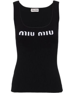 【Miu Miu】Logo-Embroidered Sleeveless Dress タンクトップ Miu Miu ドレス - Nero | FWRD