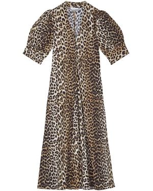 Ganni Leopard-Print Organic Cotton Midi Dress - Natural