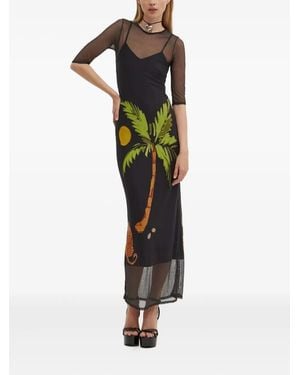 Never Fully Dressed Mesh-panel Palm-tree Print Maxi Dress - Black