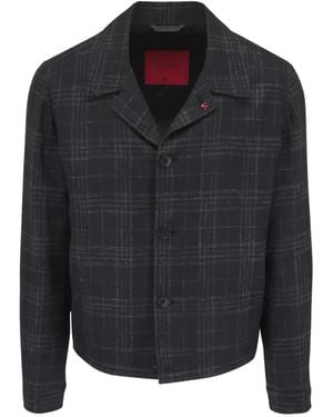 Isaia Check-Pattern Spread-Collar Jacket - Black