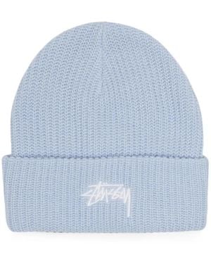 Stussy Ribbed-Knit Turn-Up Cuff Beanie Hat - Blue