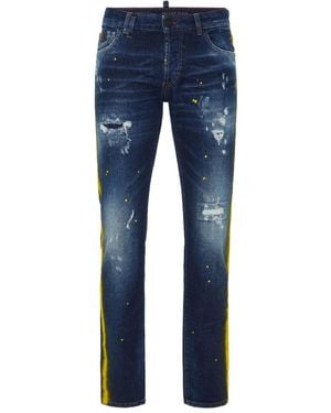 Philipp Plein Paint-Splatter Stripe Jeans - Blue