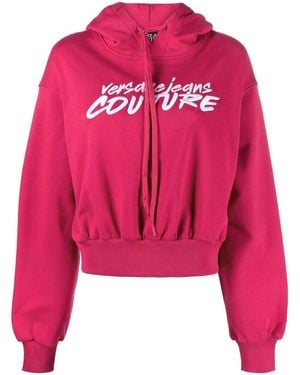 Versace Jeans Couture Logo-Embroidered Cropped Hoodie - Pink