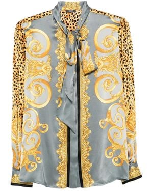 Versace Cheetah Foulard Silk Lavallière Shirt - Metallic