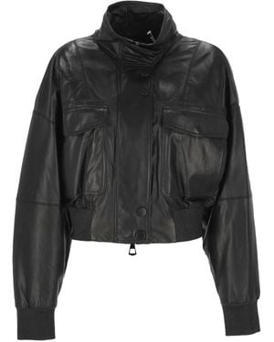Marella Ruffled Stand-Collar Leather Bomber Jacket - Black