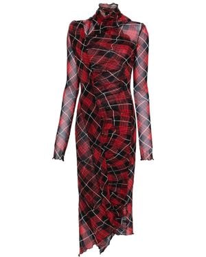 Jean Paul Gaultier Asymmetric Plaid Mesh Midi Dress - Red