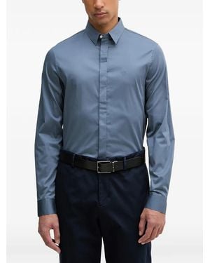 ARMANI EXCHANGE Logo-Embroidered Concealed-Fastening Shirt - Blue